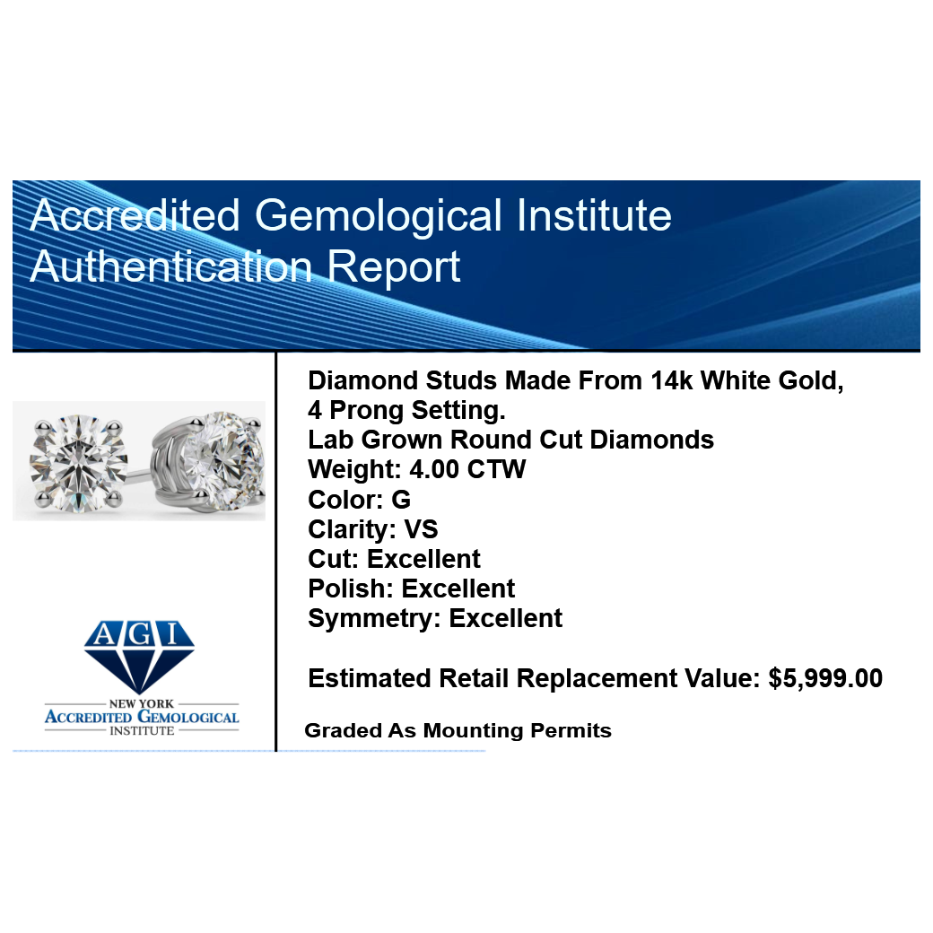4.00 CTW AGI Certified Lab Grown Diamond Stud Earrings in 14K White or Yellow Gold - G Color VS Clarity Jewelux Shop
