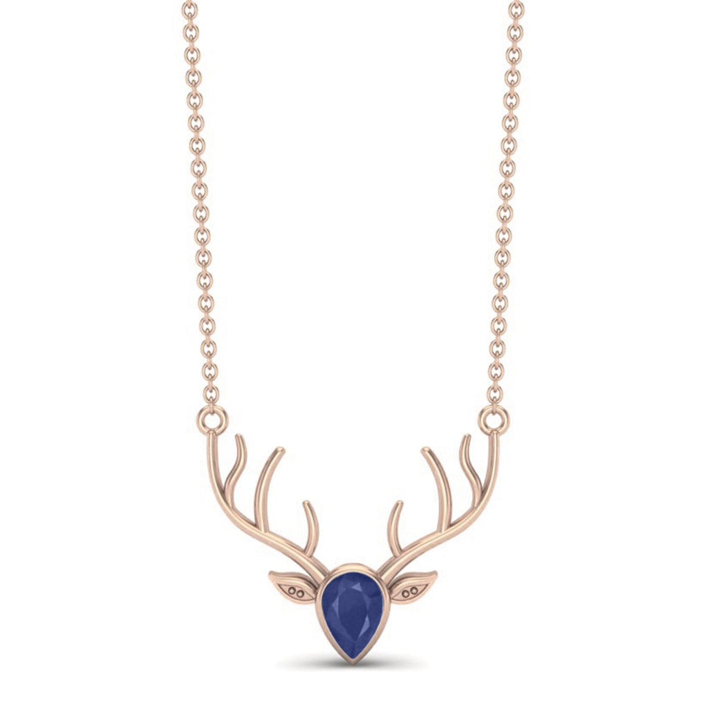 Blue Sapphire Pear 1.00 Ctw Deer Antler Design Necklace – 14k Yellow Gold