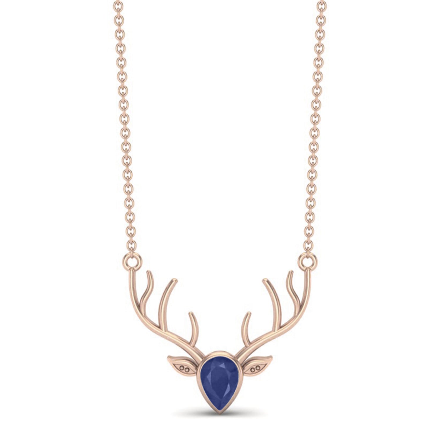Blue Sapphire Pear 1.00 Ctw Deer Antler Design Necklace – 14k Yellow Gold