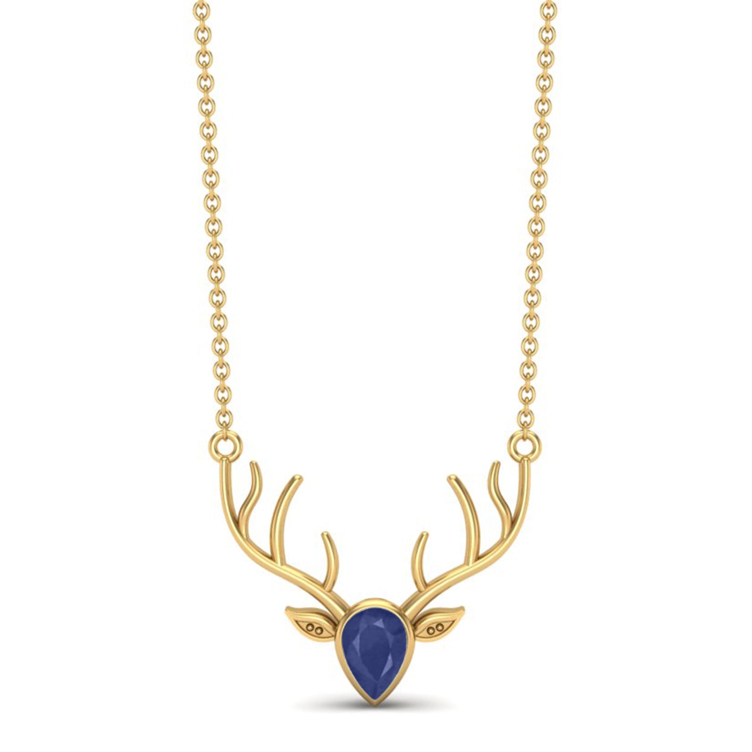Blue Sapphire Pear 1.00 Ctw Deer Antler Design Necklace – 14k Yellow Gold