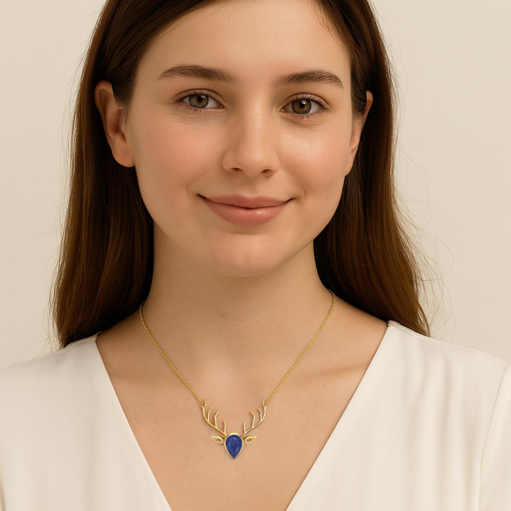 Blue Sapphire Pear 1.00 Ctw Deer Antler Design Necklace – 14k Yellow Gold
