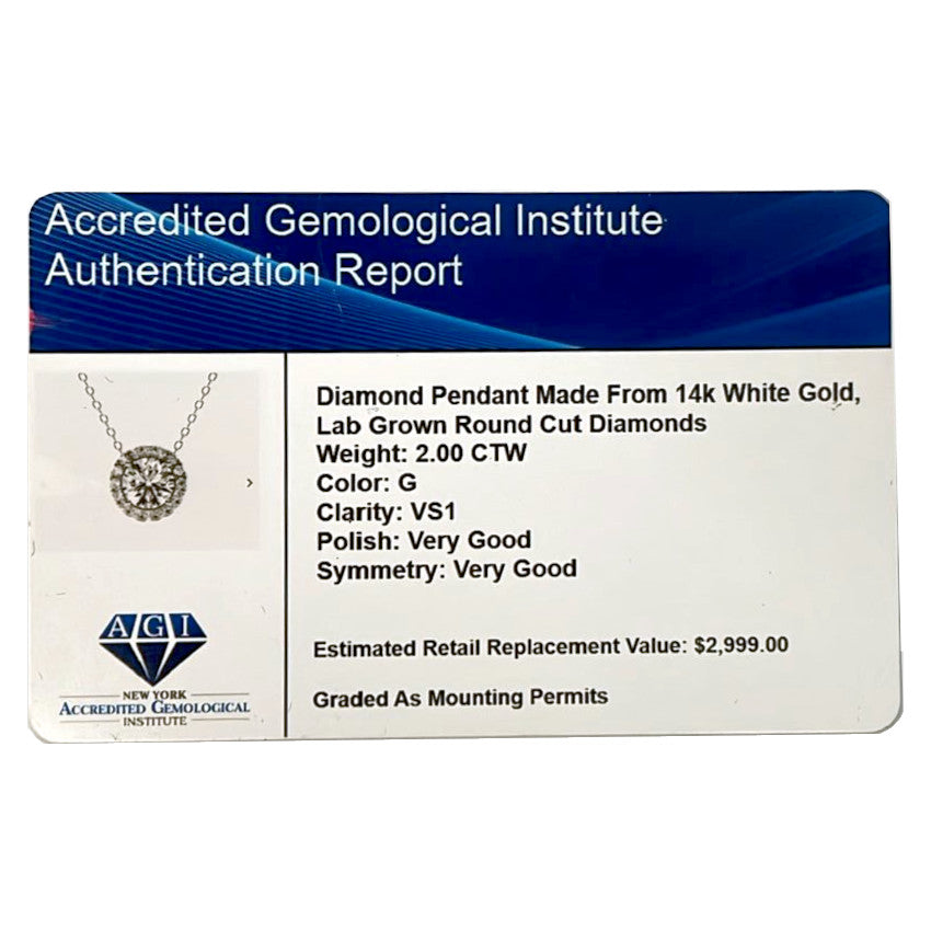 Exquisite AGI Certified Lab-Grown Diamond (G/VS) Halo Pendant Necklace in 14kt White Gold - Choose 1 CTW or 2 CTW